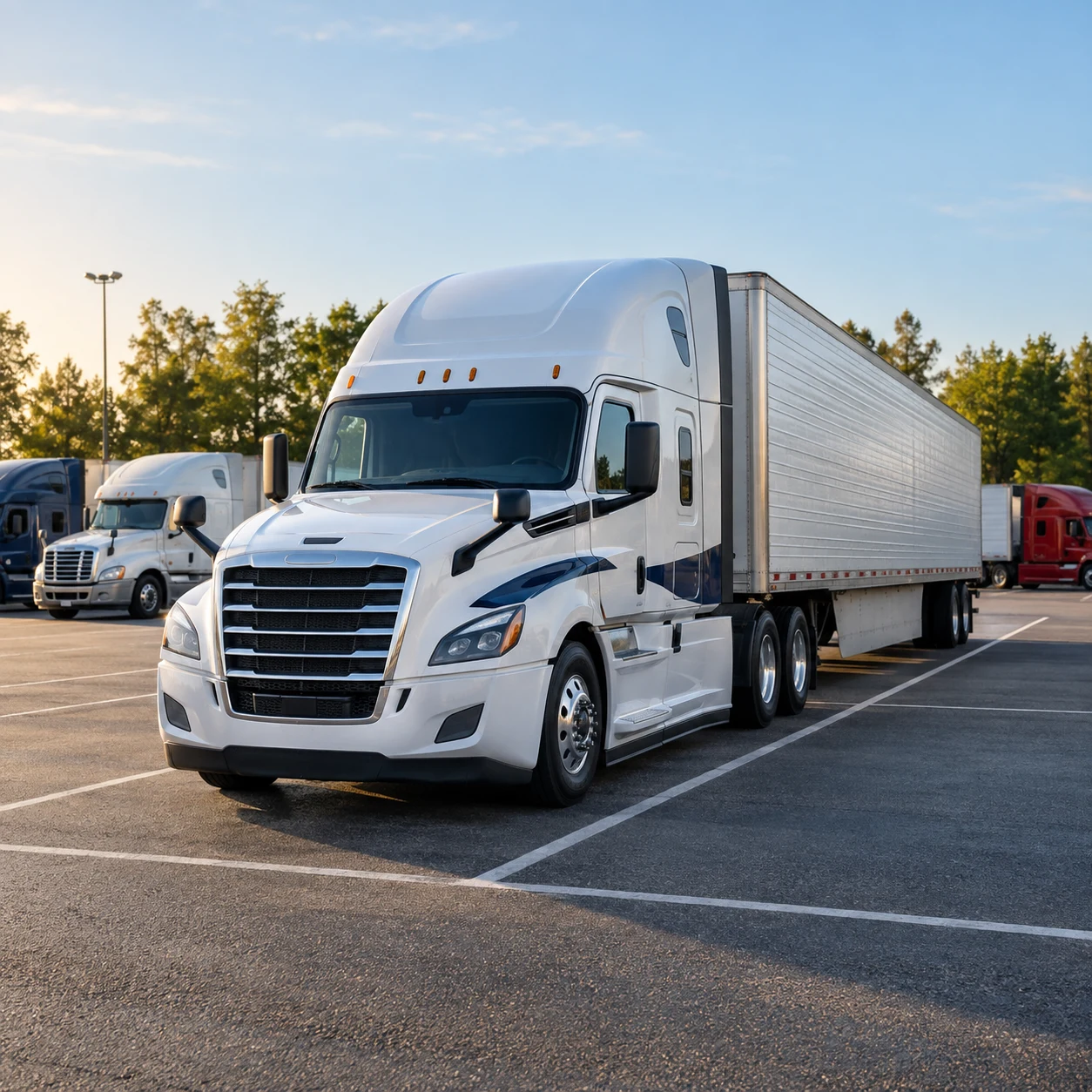 Illustrative image of a white semi truck parked in a spacious commercial lot